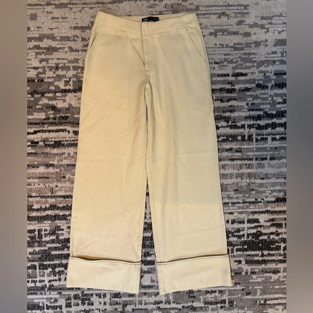 Zara Highrise Wide Leg Cuffed Light Butter Yellow Jeans Size Extra Small Cotton - Picture 10 of 12